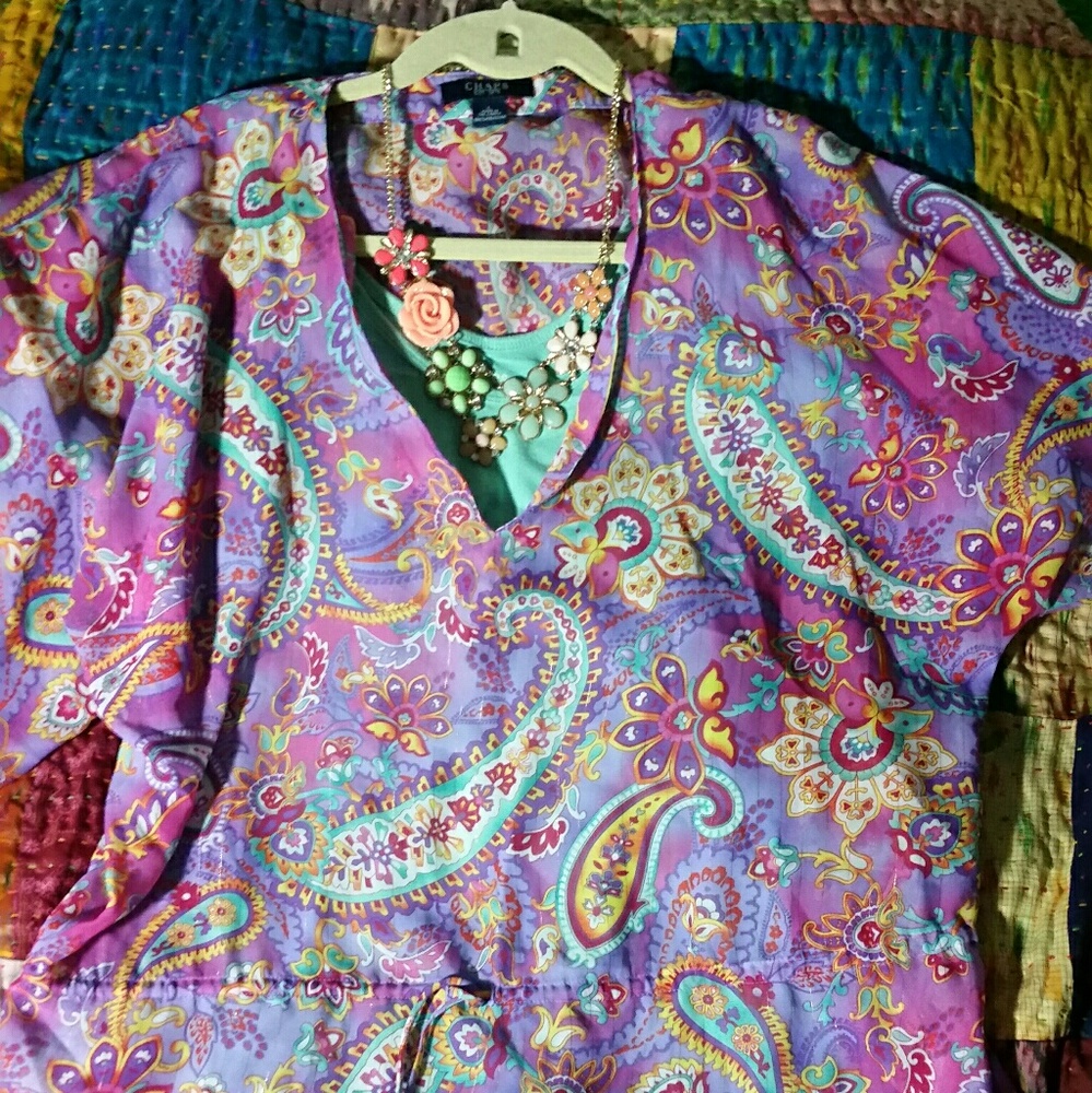 Chaps sheer paisley drawstring top L
